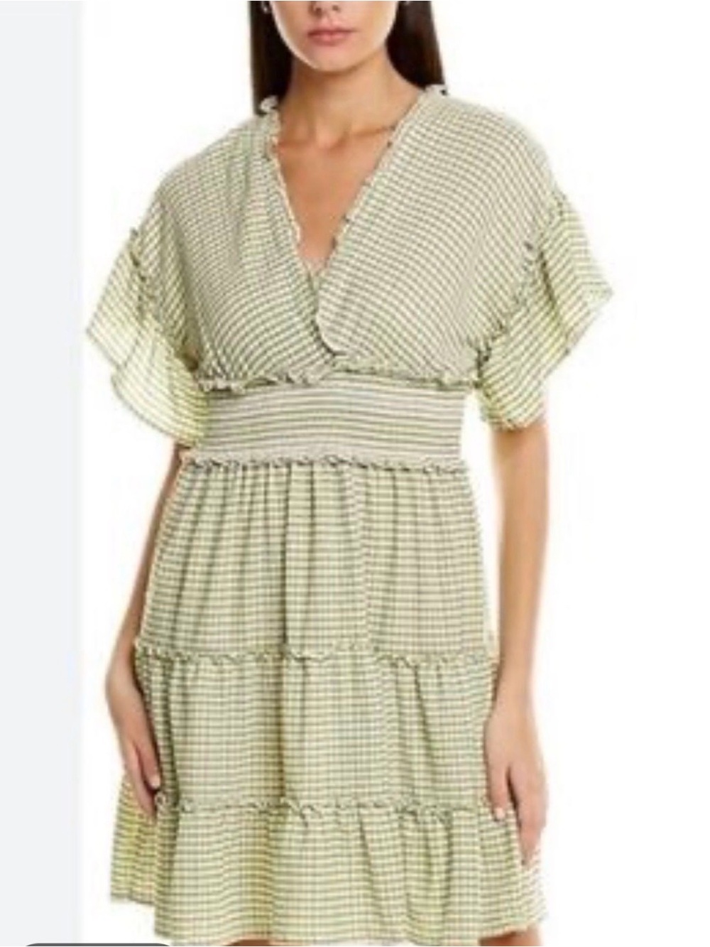 Max studio Light Green Gingham Tiered V-Neck Dress